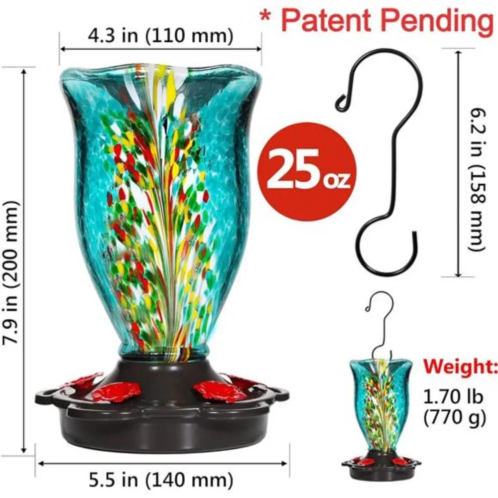 Hummingbird Feeders for Outdoors with Ant Guard, Blown Glass Hummingbird